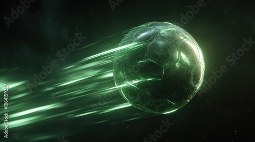 Soccer ball moving at high speed in dark background with green light effects