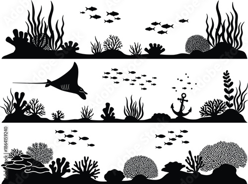 Underwater silhouette, coral reef, stingray, marine life, fish school, ocean biodiversity, aquatic plants, anchor, black and white, nature scene, reef ecosystem