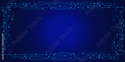 Futuristic technology frame made of circuit board on dark blue background. AI innovation concept for web and banner template. Vector
