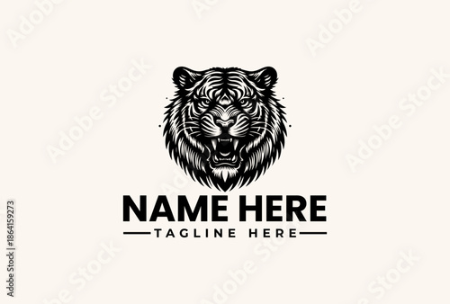 A black and white illustration of a tiger's head with a bold, modern logo design featuring placeholder text on a clean background.