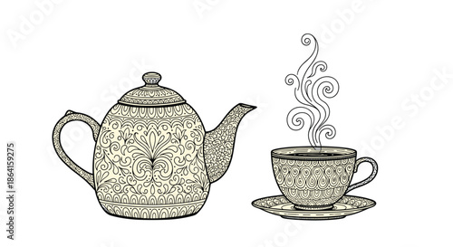 Detailed pen and ink style illustration of an ornate vintage teapot and a matching teacup with steam rising gracefully from the hot tea.