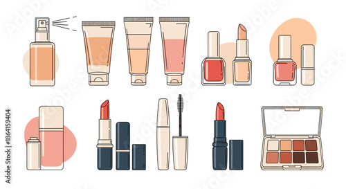 Collection of essential beauty and makeup products including foundation tubes, lipsticks, nail polish bottles, mascara, and eyeshadows.