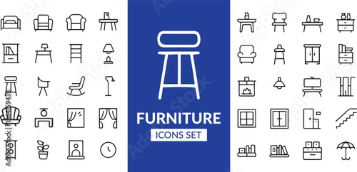 Minimal Furniture Line Icons Set for Interior Design, Home Decor, Office Furniture, UI UX Interface, Vector Outline Symbols Collection