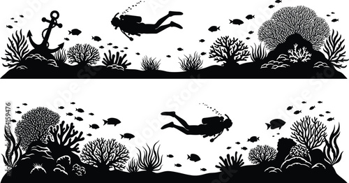 Underwater silhouette, scuba divers, coral reef, marine life, fish school, ocean biodiversity, aquatic plants, anchor, black and white, nature scene, reef ecosystem