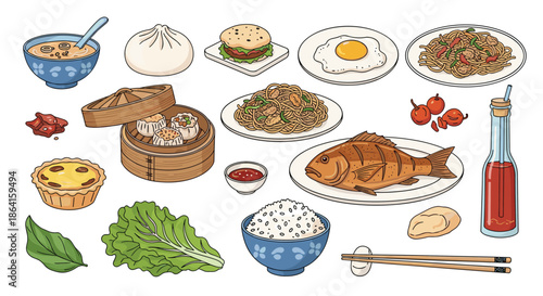 Comprehensive collection of diverse food illustrations including dim sum, baozi, noodles, fish, fried egg, lettuce, and a glass bottle.