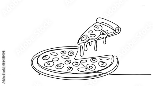 Minimalist continuous line art drawing of a delicious pizza with a cheesy slice being lifted