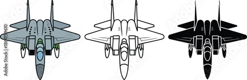 Fighter jet silhouette & Outline and illustration set isolated on transparent background
