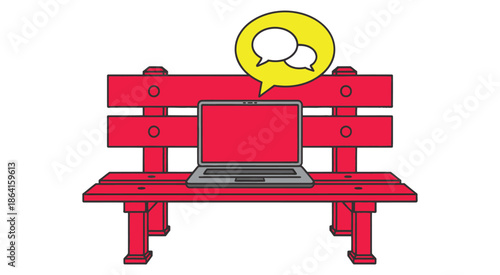 remote work laptop on park bench with chat messages icon, illustrating outdoor freelance communication, mobile digital nomad lifestyle, vector illustration for work from anywhere, productivity.