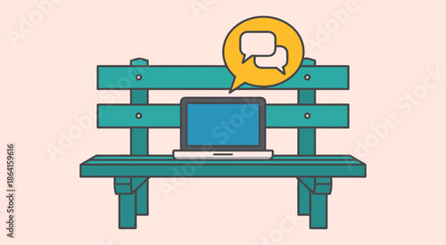 remote work laptop on park bench with chat messages icon, illustrating outdoor freelance communication, mobile digital nomad lifestyle, vector illustration for work from anywhere, productivity.
