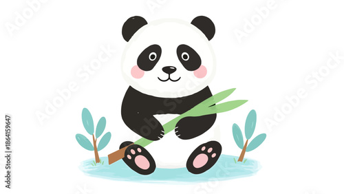 Cute Cartoon Panda Bear Sitting with Bamboo Stalk Adorable Mammal Wildlife Art