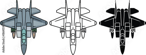 Fighter jet silhouette & Outline and illustration set isolated on transparent background