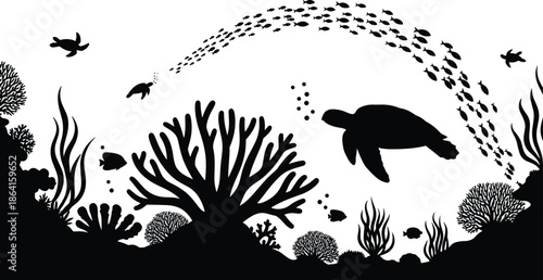 Underwater silhouette, sea turtle, coral reef, marine life, fish school, ocean biodiversity, aquatic plants, bubbles, black and white, nature scene, ecosystem view