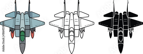 Fighter jet silhouette & Outline and illustration set isolated on transparent background