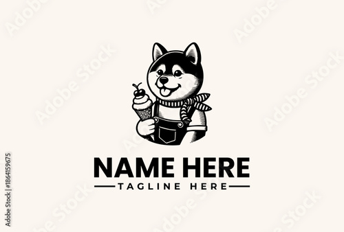 A black and white illustration of a smiling husky dog holding a pencil, wearing a scarf, with a tagline and name placeholder text on a plain beige background, in a vector logo design.
