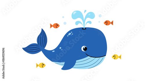 Whimsical Blue Whale Spouting Water Surrounded by Small Fish in Ocean Depths