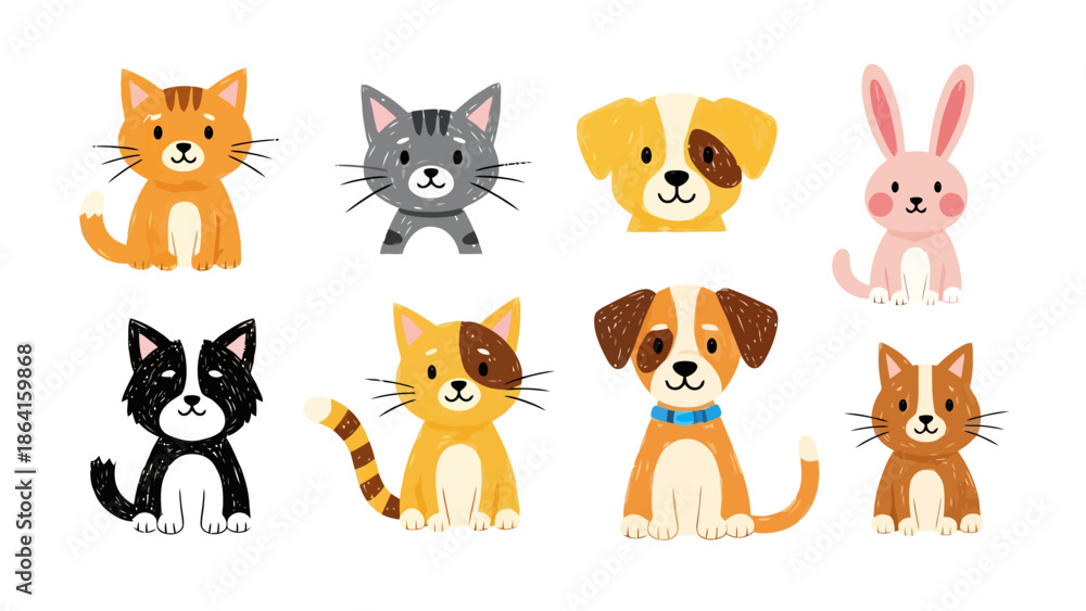 Naklejka premium Collection of Cute Cartoon Animals Cats Dogs Rabbit for Pet Lovers and Children s Designs