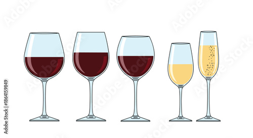 Row of various wine glasses filled with red wine, white wine, and sparkling champagne, illustrating different glass shapes and sizes.