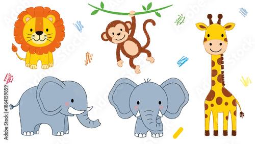 Cute Zoo Animals Collection Set Lion Elephant Giraffe Monkey Jungle Safari Theme