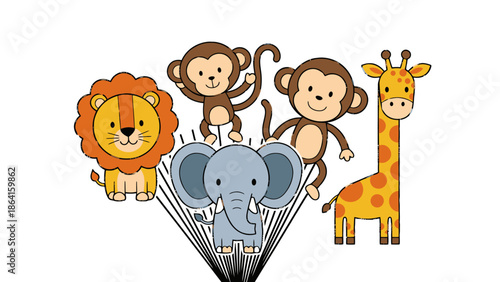 Cute cartoon safari animals cheerful lion elephants monkeys and giraffe isolated on white background with radiating lines