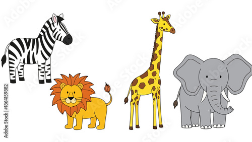 Cute Cartoon Safari Animals Zebra Lion Giraffe and Elephant Collection