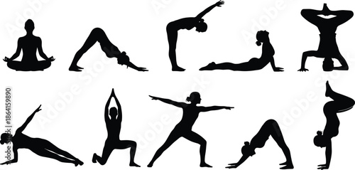 Yoga silhouette, meditation pose, fitness posture, black and white, body balance, wellness practice, stretching exercise, calm energy, spiritual movement, health icon