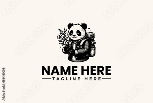 Black and white illustration of a panda bear with a backpack and floral elements on a clean white background, with bold text placeholder for a logo or icon design.