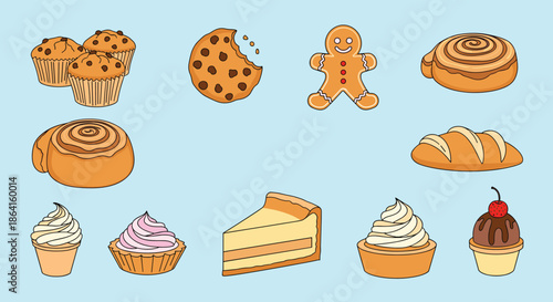 Delicious assortment of baked goods and sweet desserts including muffins, a chocolate chip cookie, gingerbread man, and cinnamon rolls.