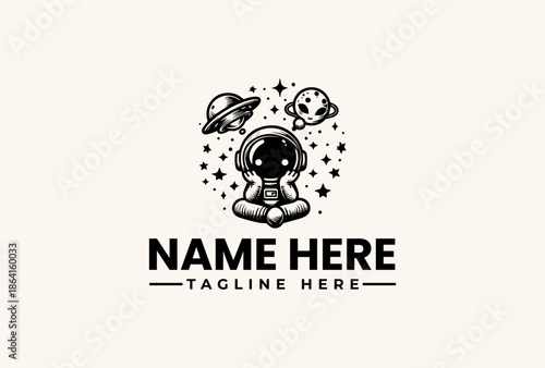 Black and white vector illustration of an astronaut with a planet, stars, and a spaceship, surrounded by text placeholder 'NAME HERE' and 'TAGLINE HERE' on a clean background.