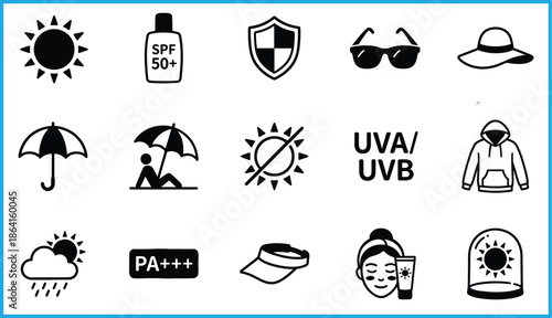 Sun protection and UV safety icons set for skin care, summer health, and outdoor safety in vector illustration