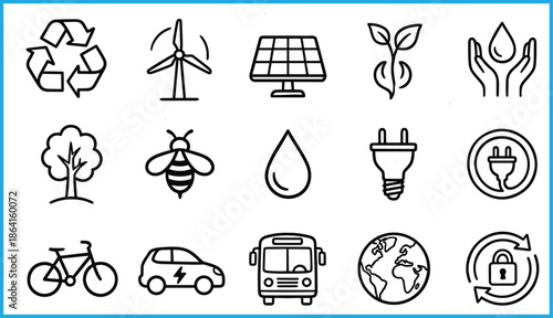 Sustainability and eco icon set, recycling, renewable energy, water conservation, electric transport, green living, nature care