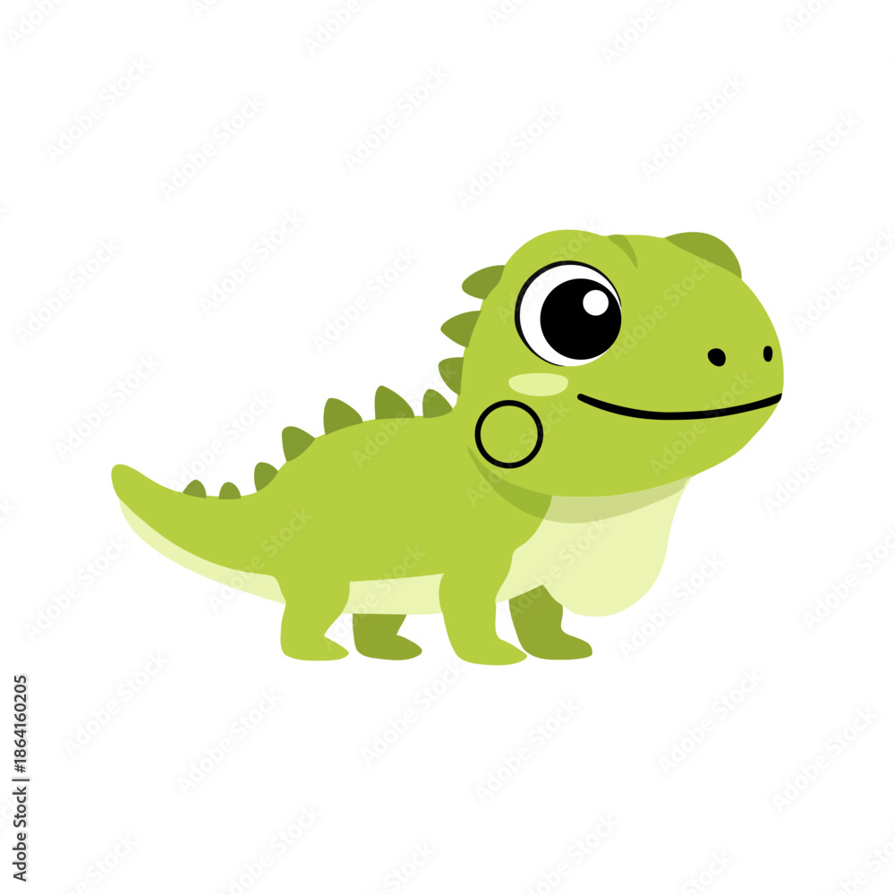 Fototapeta premium Small green iguana lizard cartoon character smiling isolated on white background for kids nature theme