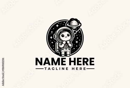 Black and white illustration of a cartoon astronaut in a spacesuit with a planet and stars, holding a device, against a clean background with placeholder text for a logo.