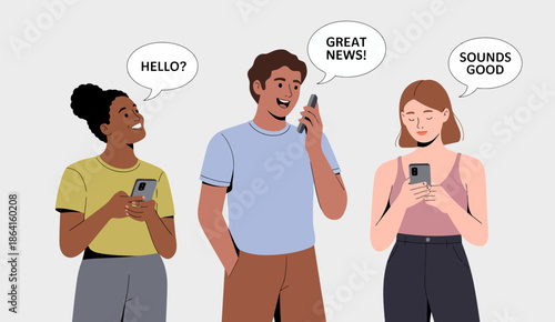 Three cheerful friends engage in a phone conversation, showcasing modern communication and social interaction through their smartphones in a casual setting.