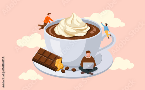 An imaginative illustration showcasing a large cup of coffee topped with whipped cream, creatively blending elements of productivity, relaxation, and indulgence in daily life.