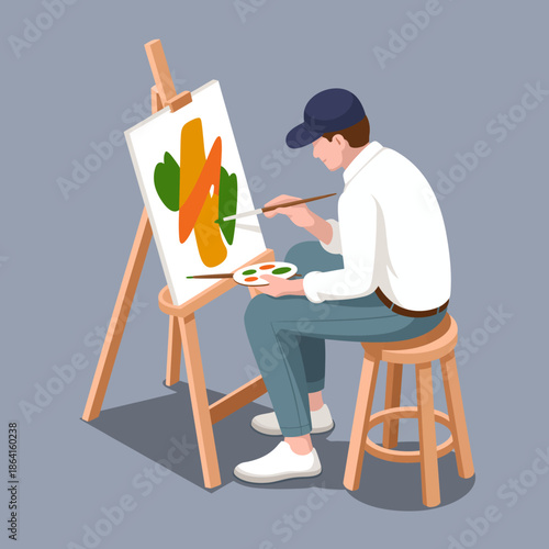 An artist captures creativity by painting colorful abstract shapes on a canvas, showcasing the process of artistic expression and the joy of creating art.