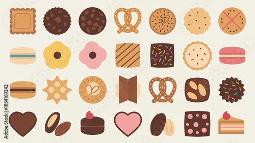 A flat, minimalist illustration of 25 different desserts arranged in a 5x5 grid against a white background 