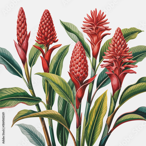A stunning display of vibrant red ginger flowers surrounded by lush green foliage, representing the beauty of nature and botanical artistry in a striking composition.