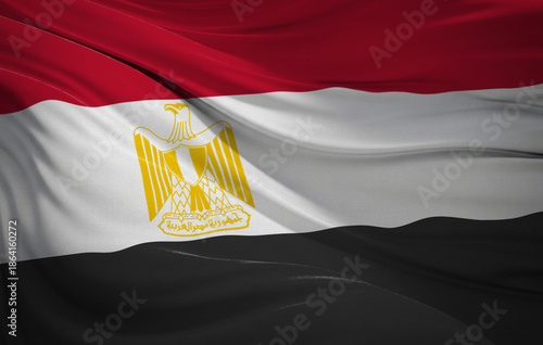 national flag of Egypt featuring red, white, and black stripes with the Eagle of Saladin.