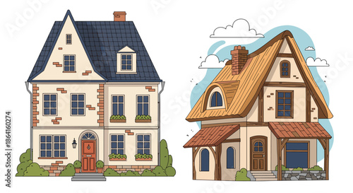 Set of two charming house illustrations featuring a classic townhouse and a rustic cottage with a thatched roof on white background.