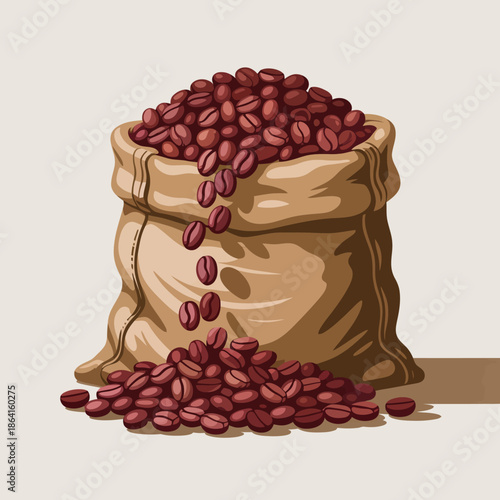 A rustic burlap sack overflowing with rich, dark coffee beans captures the essence of an artisanal atmosphere for coffee lovers and enthusiasts alike.