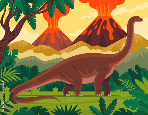 An illustration of a long-necked dinosaur navigating through a lush prehistoric landscape, highlighting its majestic presence amidst the natural environment and vivid colors.