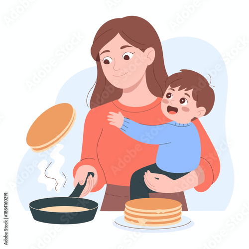 A caring mother prepares pancakes in the kitchen while holding her child, who shows excitement with their little hands up, depicting the warmth of family moments and home cooking.