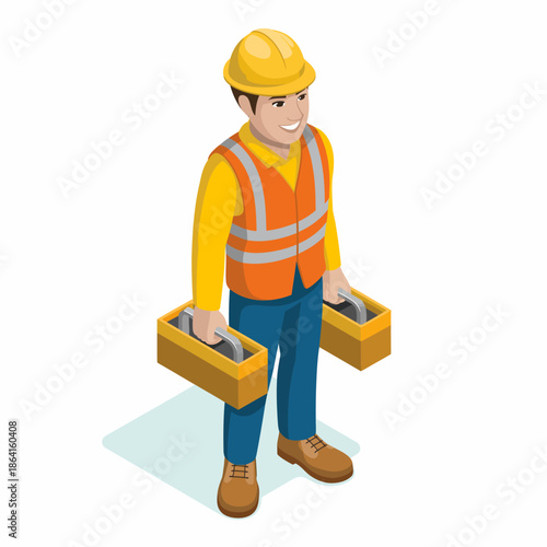 An industrious construction worker smiling while holding his tools, representing the hard work and safety required in the construction industry and its vital role in society.