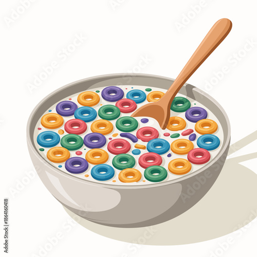 A vibrant bowl brimming with rainbow-colored cereal circles floats in creamy milk, inviting a satisfying and cheerful breakfast experience for all ages.