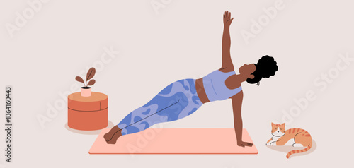 A dynamic illustration of an empowered woman performing a side plank yoga pose on a mat, embodying strength, balance, and the importance of physical fitness in wellness routines.