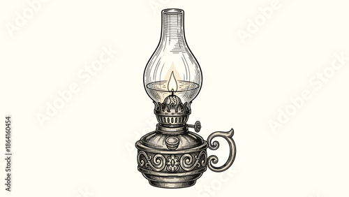 Vintage oil lamp illustration with illuminated flame and decorative details