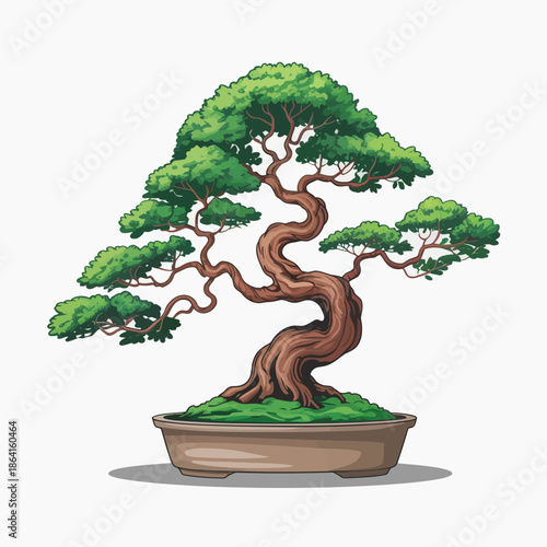 A beautifully shaped bonsai tree showcases the art of cultivation and patience, representing harmony, balance, and the deep-rooted connection between nature and human efforts.