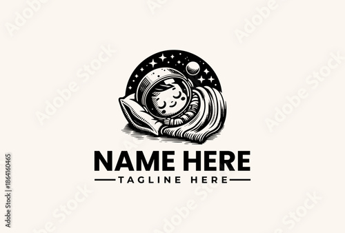 Black and white illustration of a sleeping astronaut in a space helmet with stars and a planet, surrounded by a circular border with a placeholder name and tagline on a clean background.
