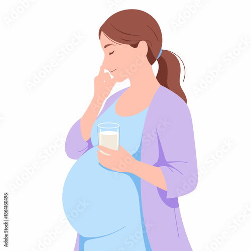 A contemplative pregnant woman stands with a glass of milk, embodying nourishment and self-care, showcasing the importance of hydration and nutrition during pregnancy.