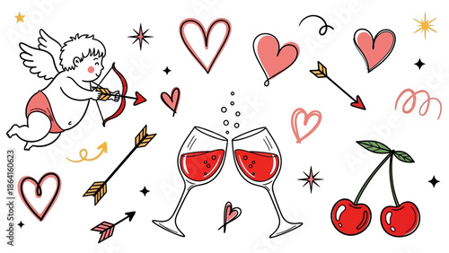 A whimsical illustration of Cupid, hearts, and cherries symbolizing love and romance on a white background